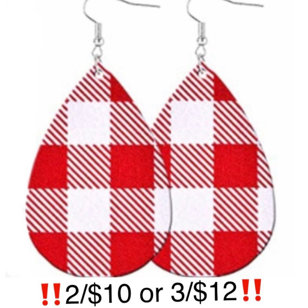 Red and White Plaid Earrings Faux Leather Christmas Valentine Statement Earrings